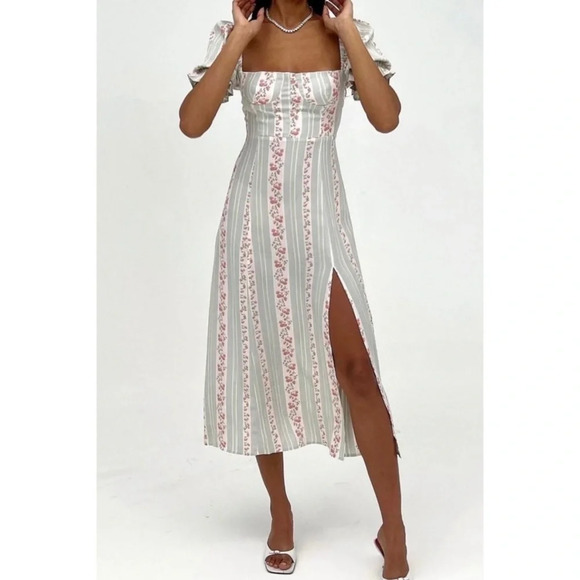 WeWoreWhat Sage Green Pink‎ Victorian Floral Stripe Puff Sleeve Corset Dress - Picture 5 of 15